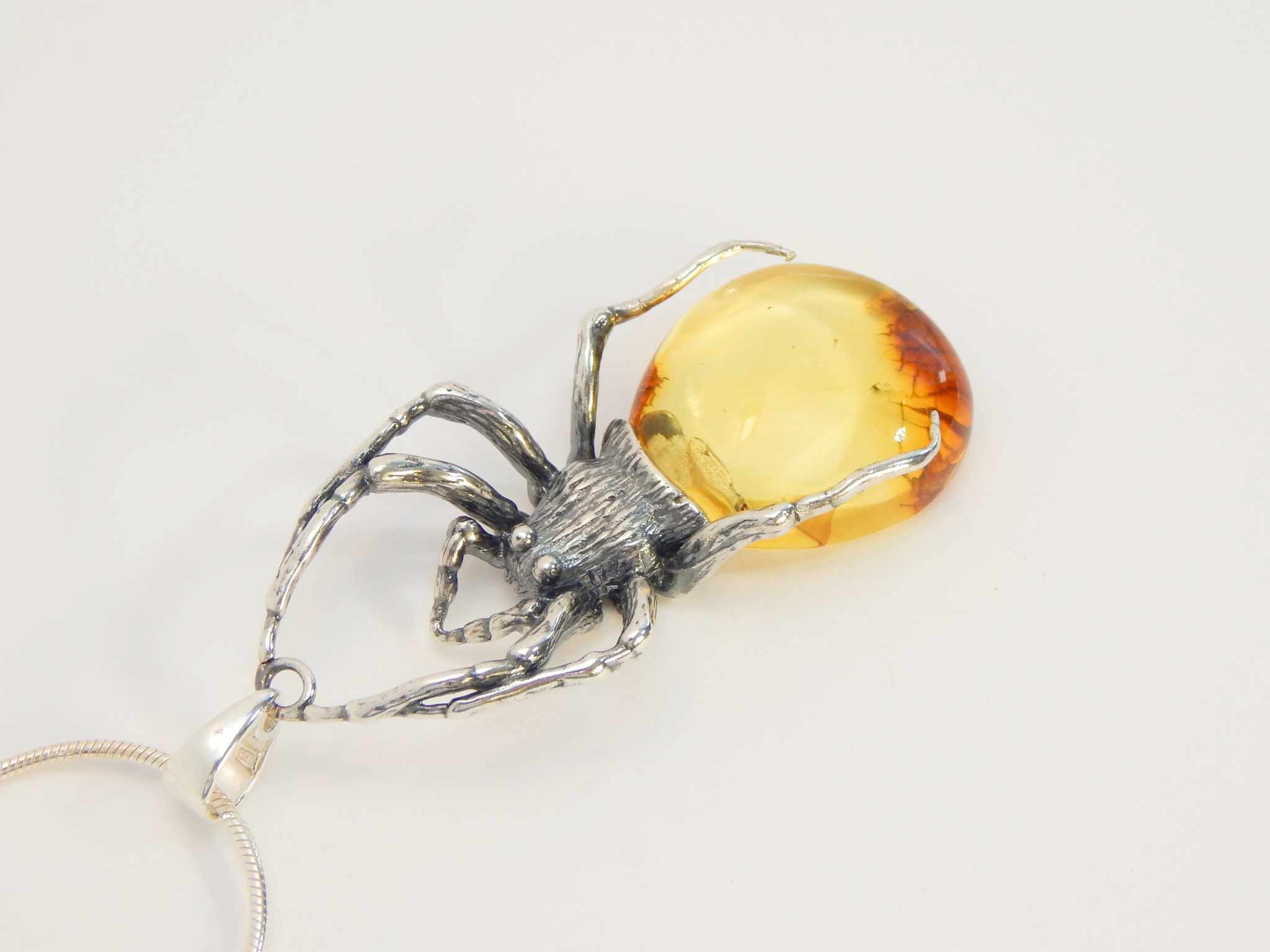 Natural Baltic Lemon Amber Large Black Widow Pendant Necklace in 925 Sterling Silver