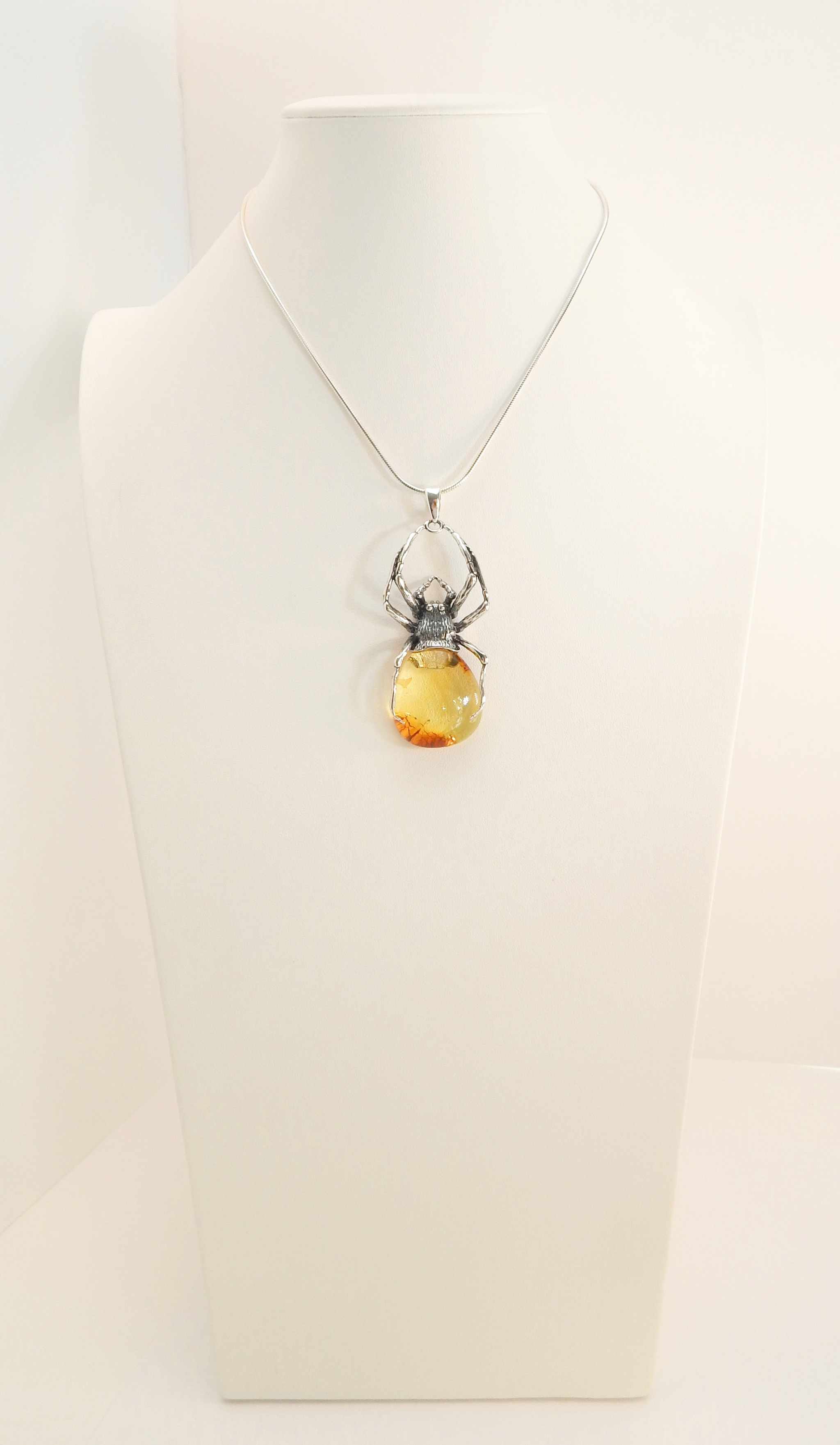 Natural Baltic Lemon Amber Large Black Widow Pendant Necklace in 925 Sterling Silver