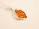 Natural Baltic Cognac Amber Floral Pendant Regal Necklace in 925 Sterling Silver