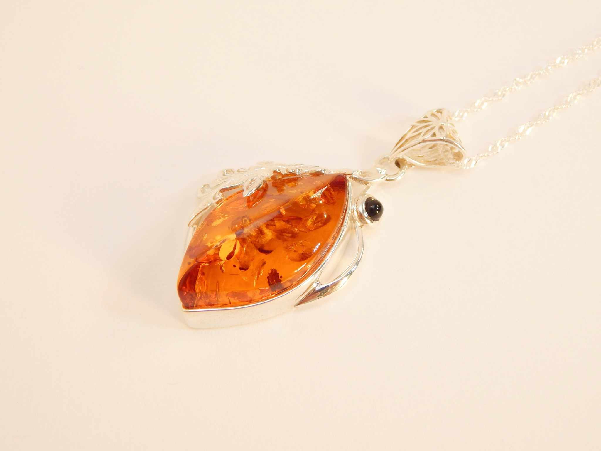 Natural Baltic Cognac Amber Floral Pendant Regal Necklace in 925 Sterling Silver