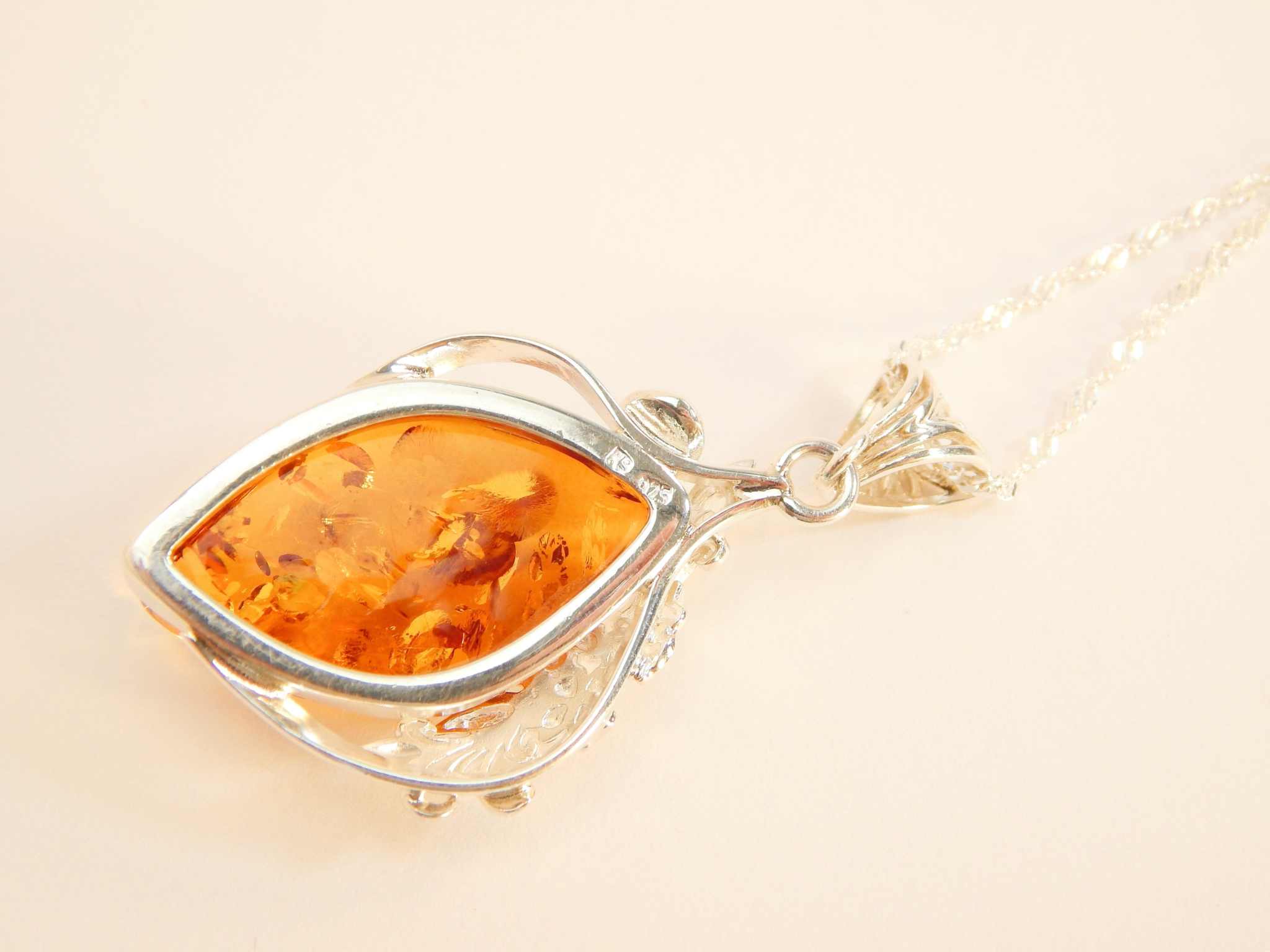 Natural Baltic Cognac Amber Floral Pendant Regal Necklace in 925 Sterling Silver