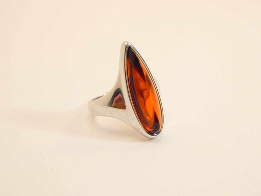 Natural Baltic Cherry Lithuanian Amber Modern Chic Ring in 925 Sterling Silver