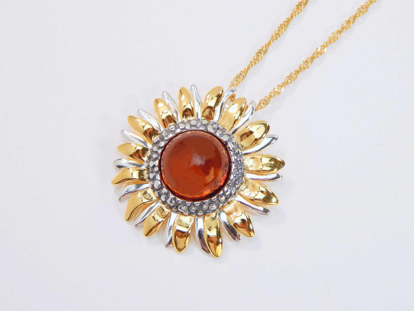 Natural Baltic Cognac Amber 14K Gold Plated Sunflower Pendant Necklace