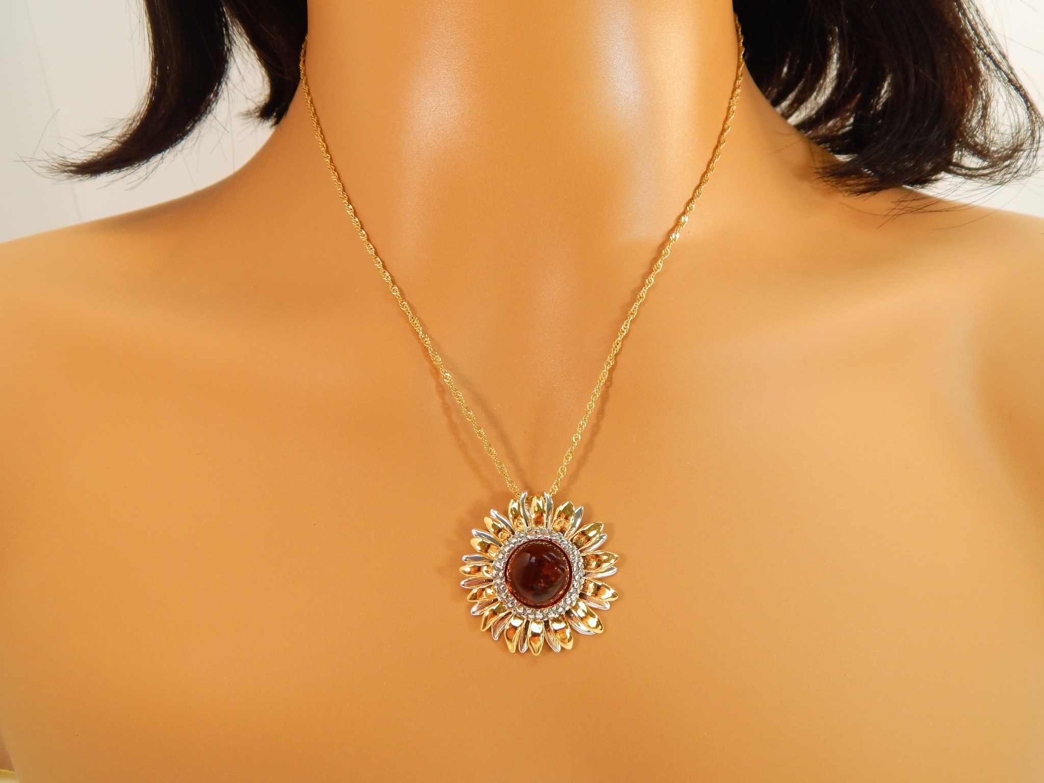 Natural Baltic Cognac Amber 14K Gold Plated Sunflower Pendant Necklace