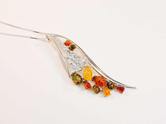 Genuine Baltic Amber Feather Pendant Necklace in 925 Sterling Silver