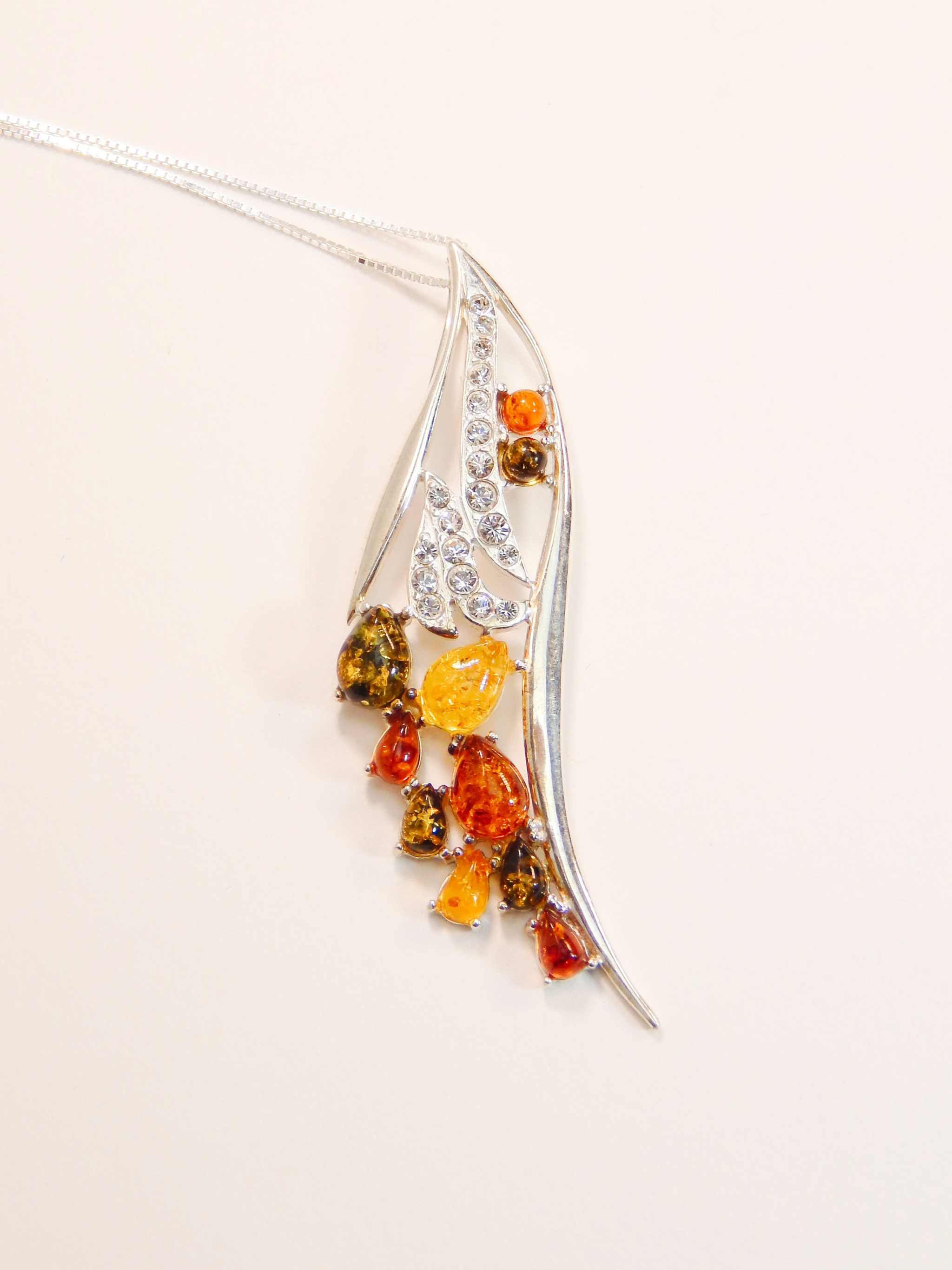 Genuine Baltic Amber Feather Pendant Necklace in 925 Sterling Silver