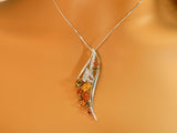 Genuine Baltic Amber Feather Pendant Necklace in 925 Sterling Silver