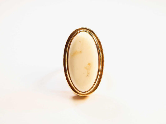 Genuine Baltic Rare White Amber Oval Cut Regal Ring in 14k Gold Plated s925