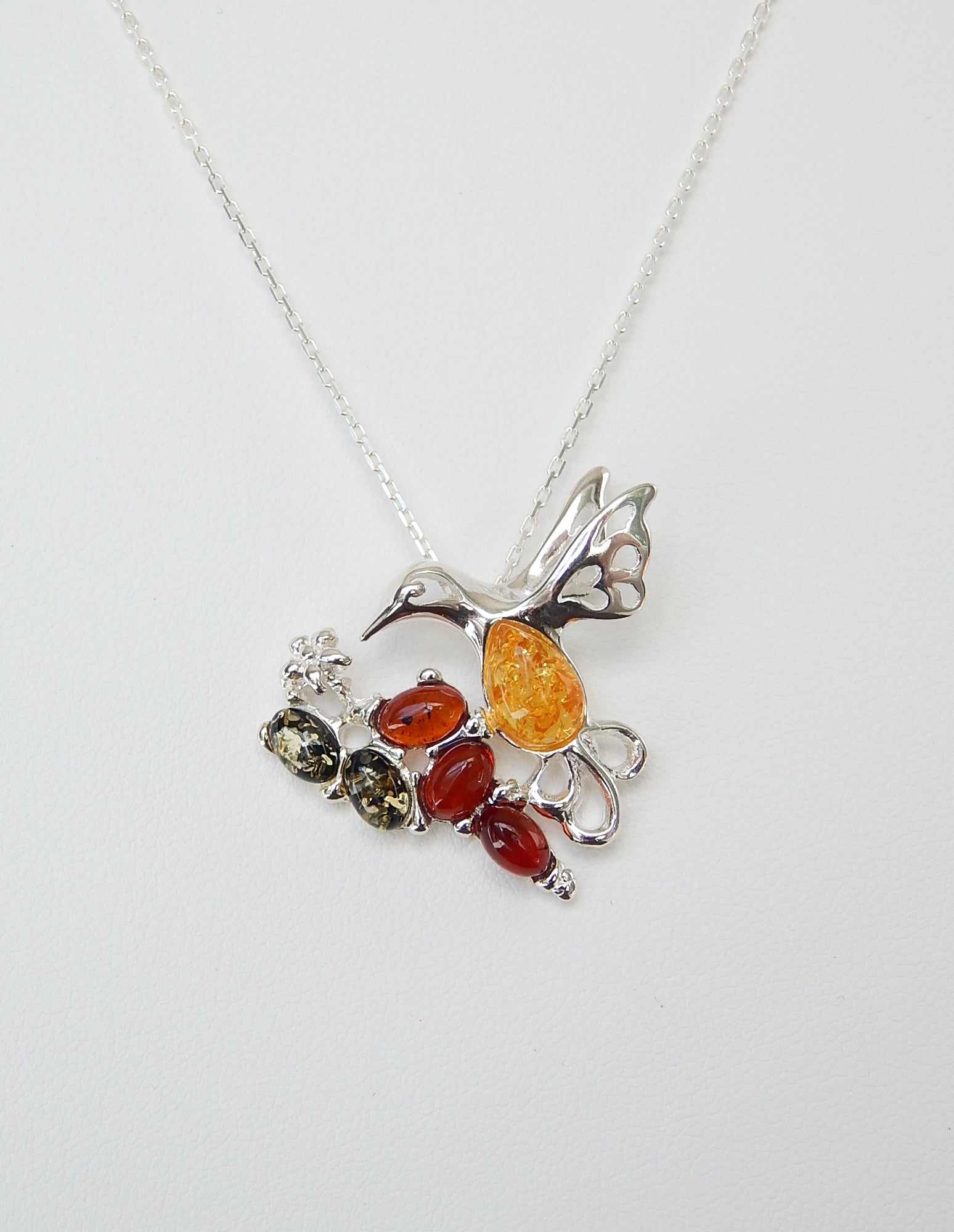 Natural Baltic Multicolor Amber Hummingbird Pendant Necklace