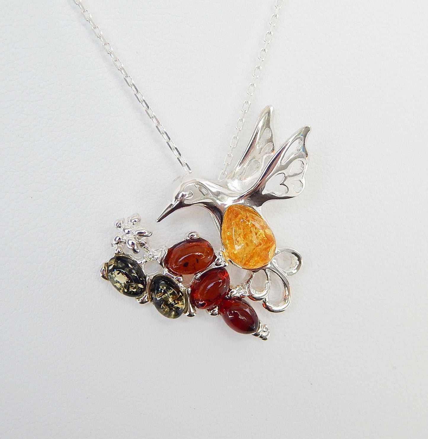 Natural Baltic Multicolor Amber Hummingbird Pendant Necklace