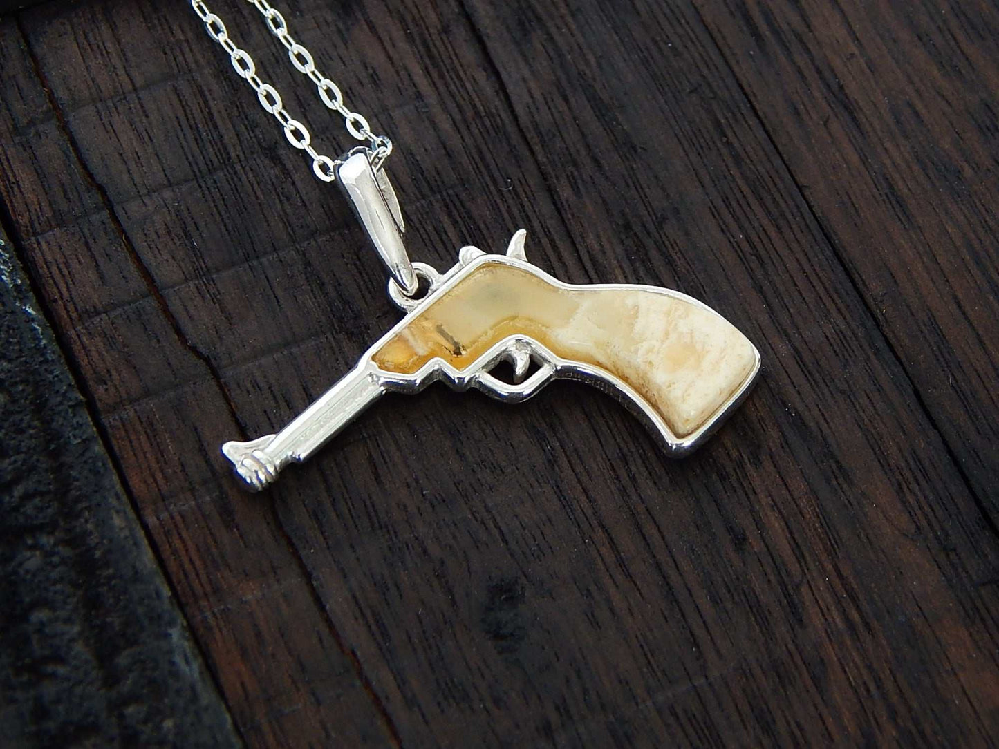 Natural Baltic Butterscotch Amber Pistol Pendant Necklace