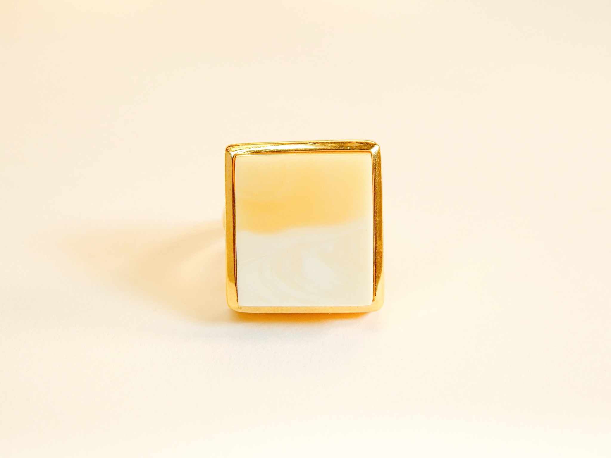 Natural Baltic White and Butterscotch Amber Square Cut 14k Gold Plated Cocktail Ring