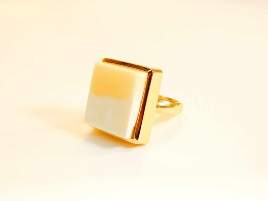 Natural Baltic White and Butterscotch Amber Square Cut 14k Gold Plated Cocktail Ring