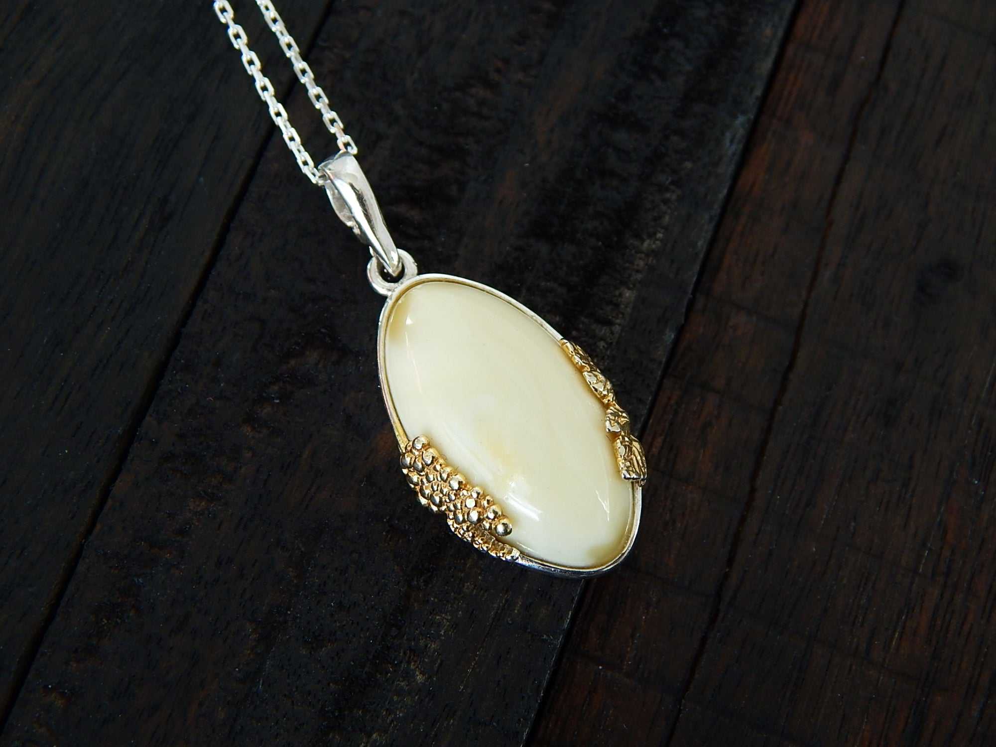 Natural Baltic White Amber 14K Gold Plated Grape Leaf Design Necklace