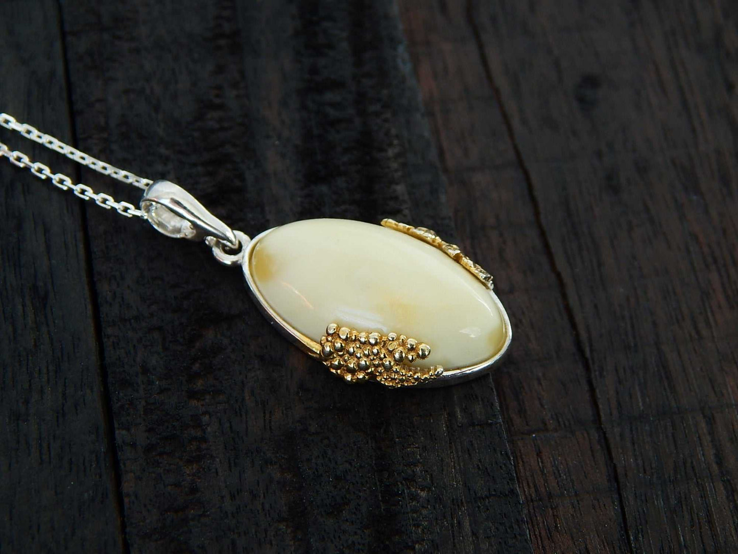 Natural Baltic White Amber 14K Gold Plated Grape Leaf Design Necklace