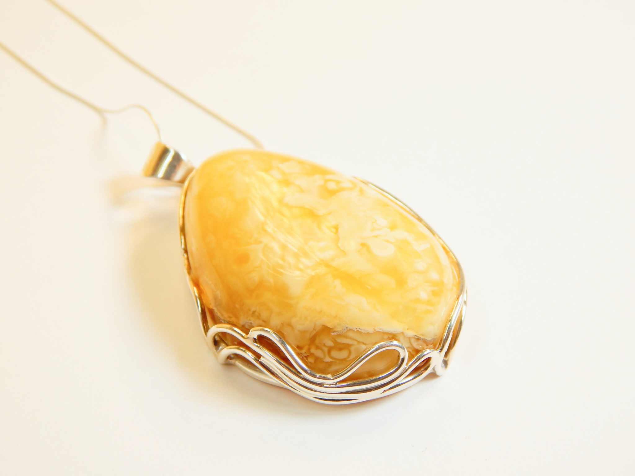 Natural Baltic Butterscotch and White Amber Handmade Pendant Necklace in 925 Sterling Silver