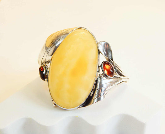 Handmade Natural Baltic Butterscotch and Cherry Amber Tulip Cuff Bracelet