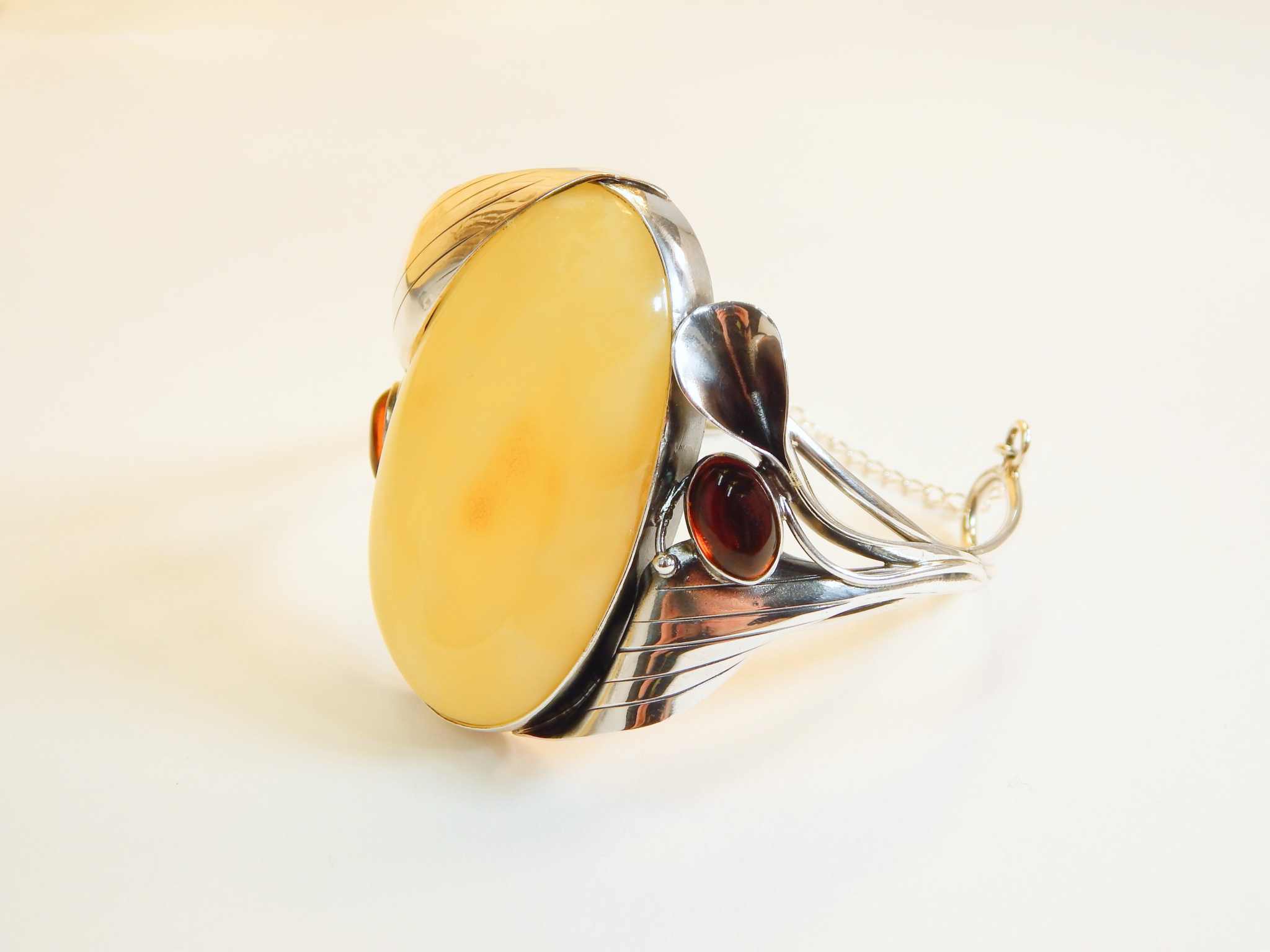 Handmade Natural Baltic Butterscotch and Cherry Amber Tulip Cuff Bracelet