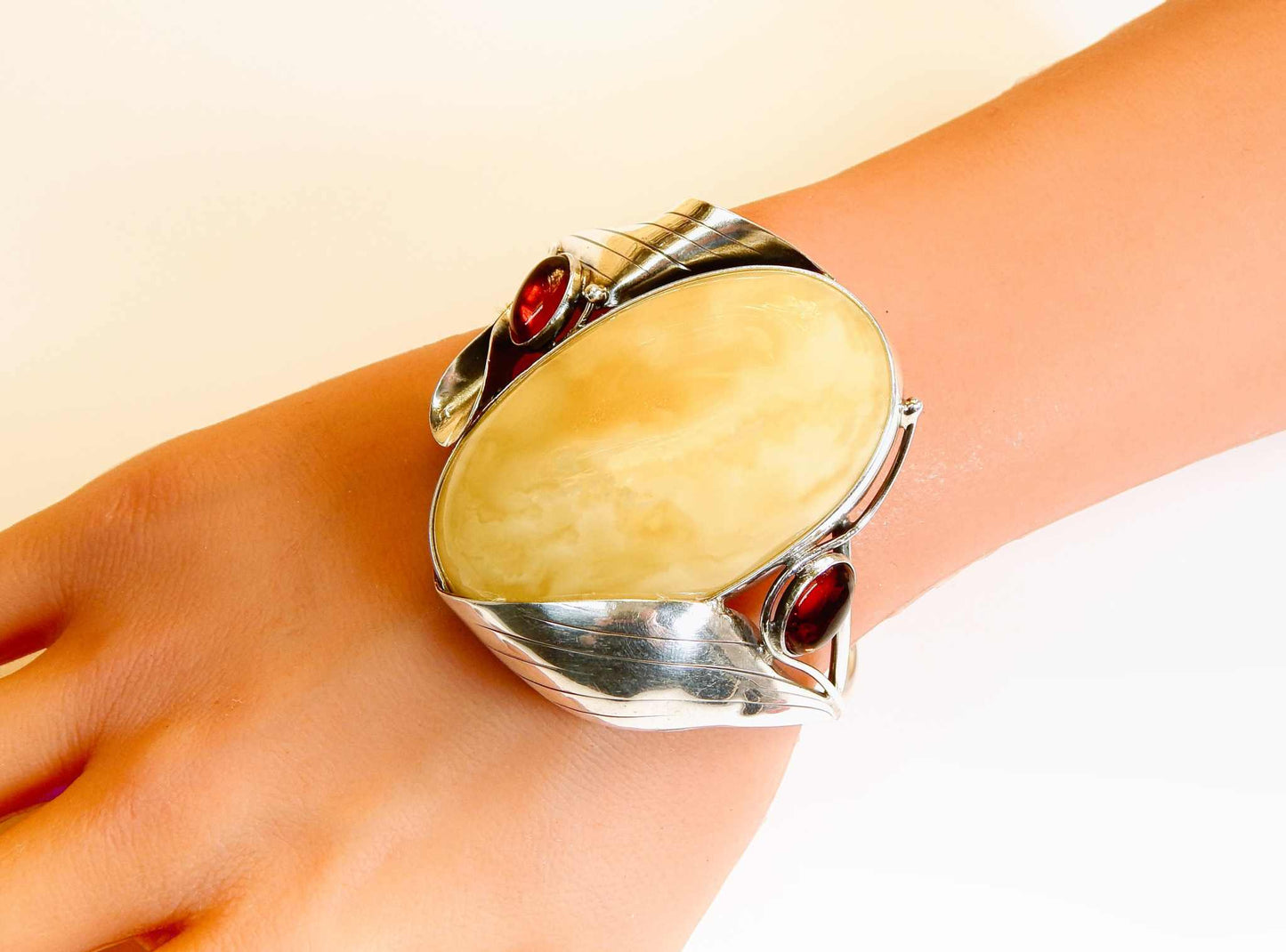 Handmade Natural Baltic Butterscotch and Cherry Amber Tulip Cuff Bracelet