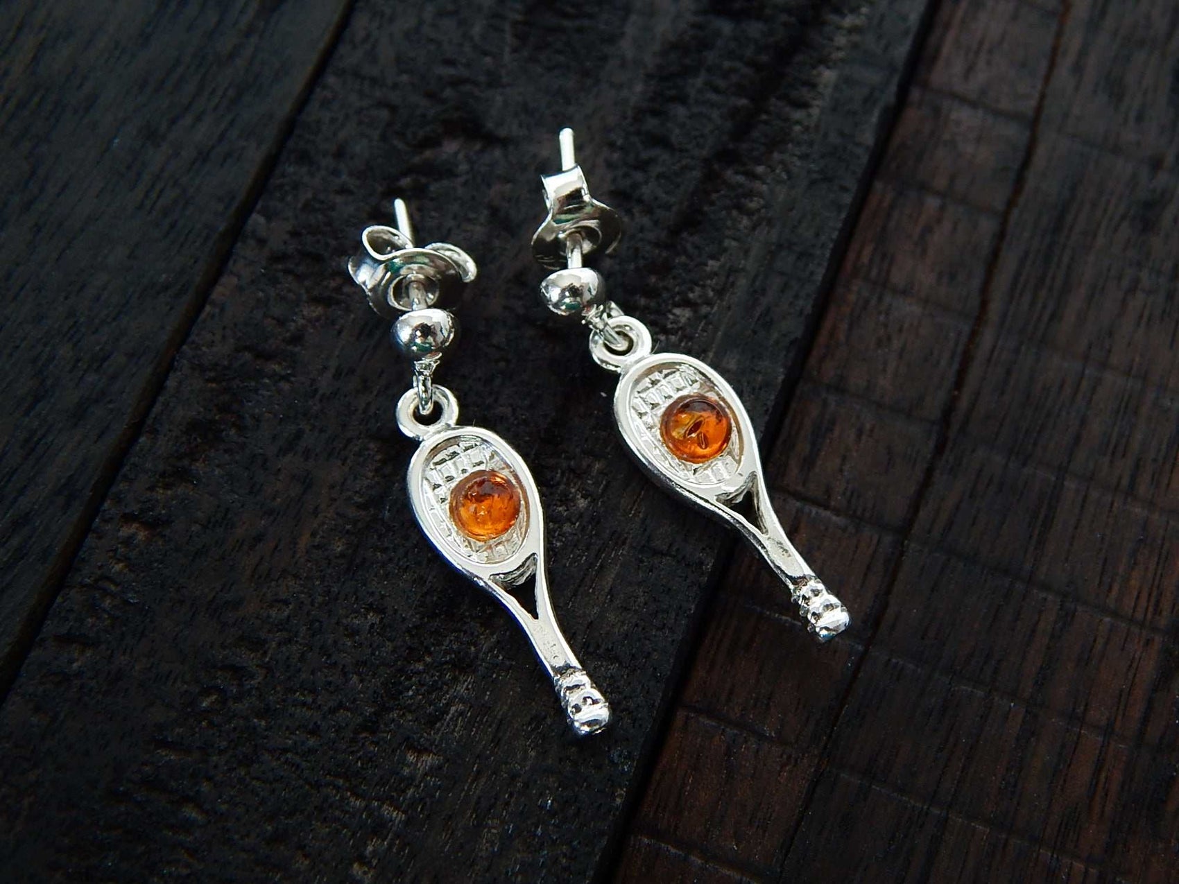 Natural Baltic Cognac Amber Tennis Racket Dangle Earrings