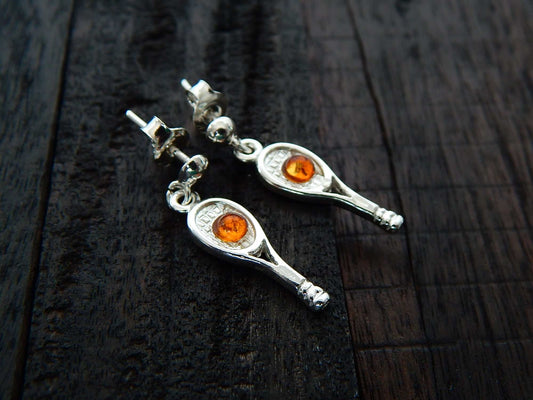 Natural Baltic Cognac Amber Tennis Racket Dangle Earrings