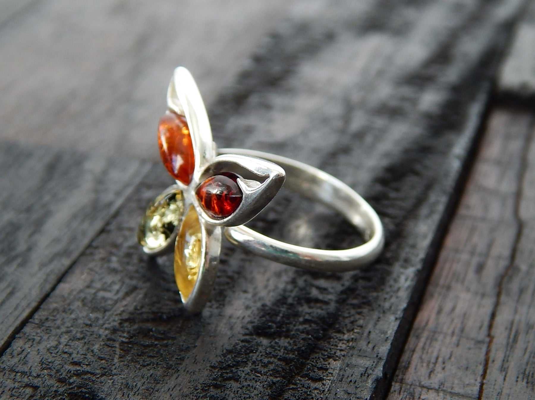 Natural Baltic Multicolor Amber Butterfly Adjustable Ring