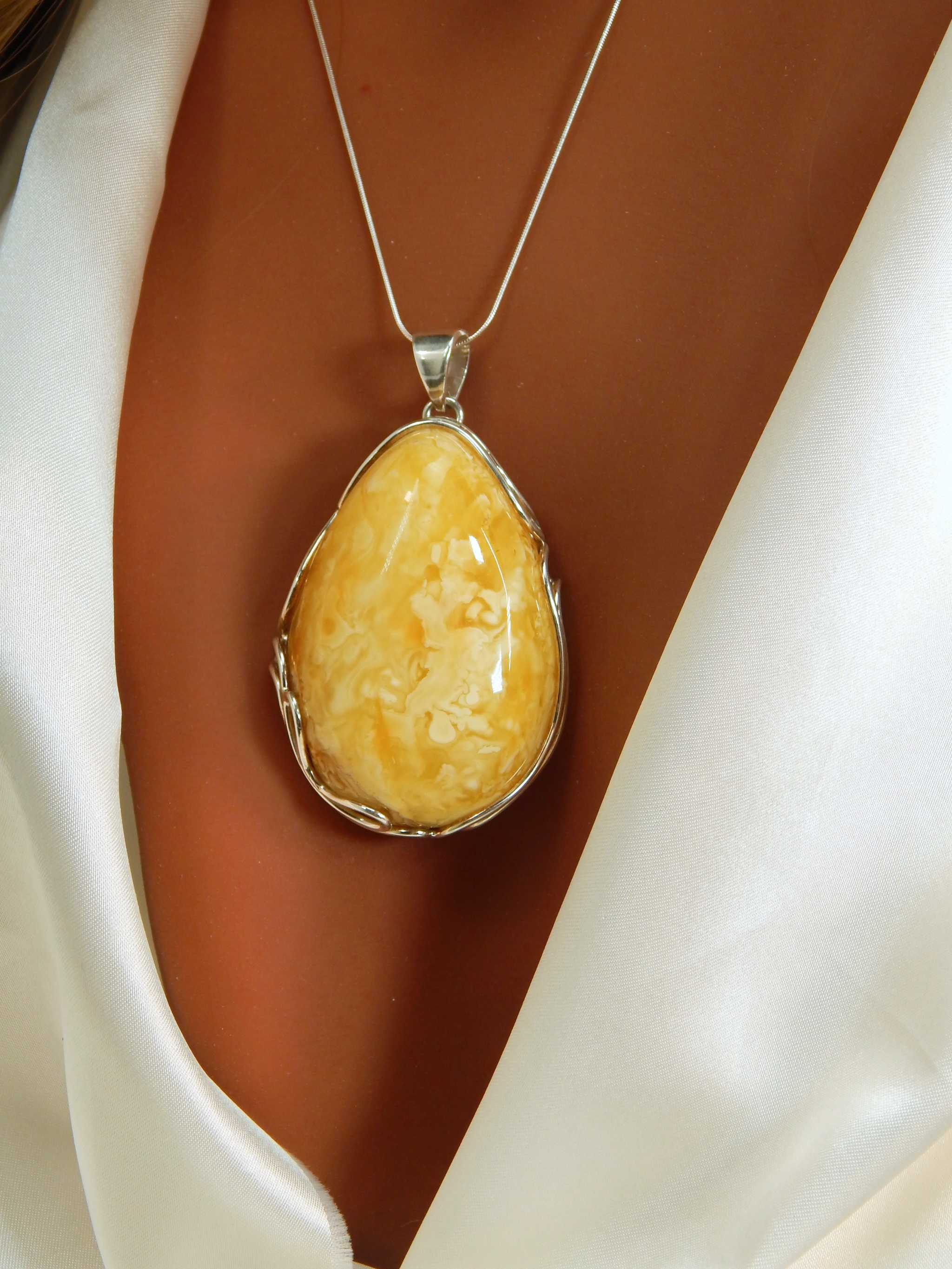 Natural Baltic Butterscotch and White Amber Handmade Pendant Necklace in 925 Sterling Silver