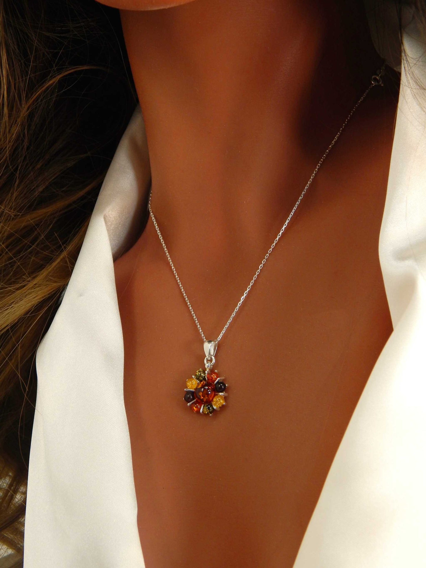 Natural Baltic Multicolor Amber Starburst Flower Pendant Necklace in 925 Sterling Silver