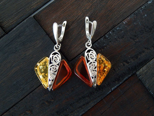 Natural Baltic Cognac and Cherry Amber Rose Dangle Earrings