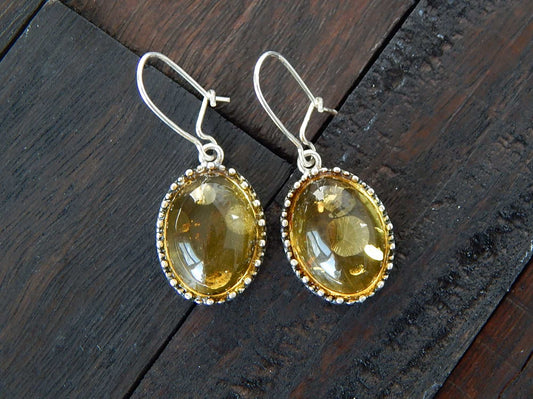 Natural Baltic Lemon Amber Victorian Oval Dangle Earrings