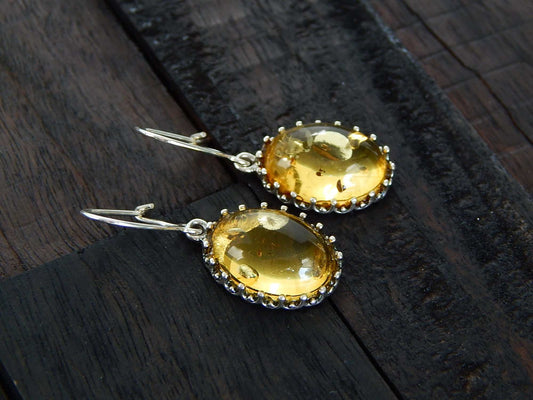 Natural Baltic Lemon Amber Victorian Oval Dangle Earrings