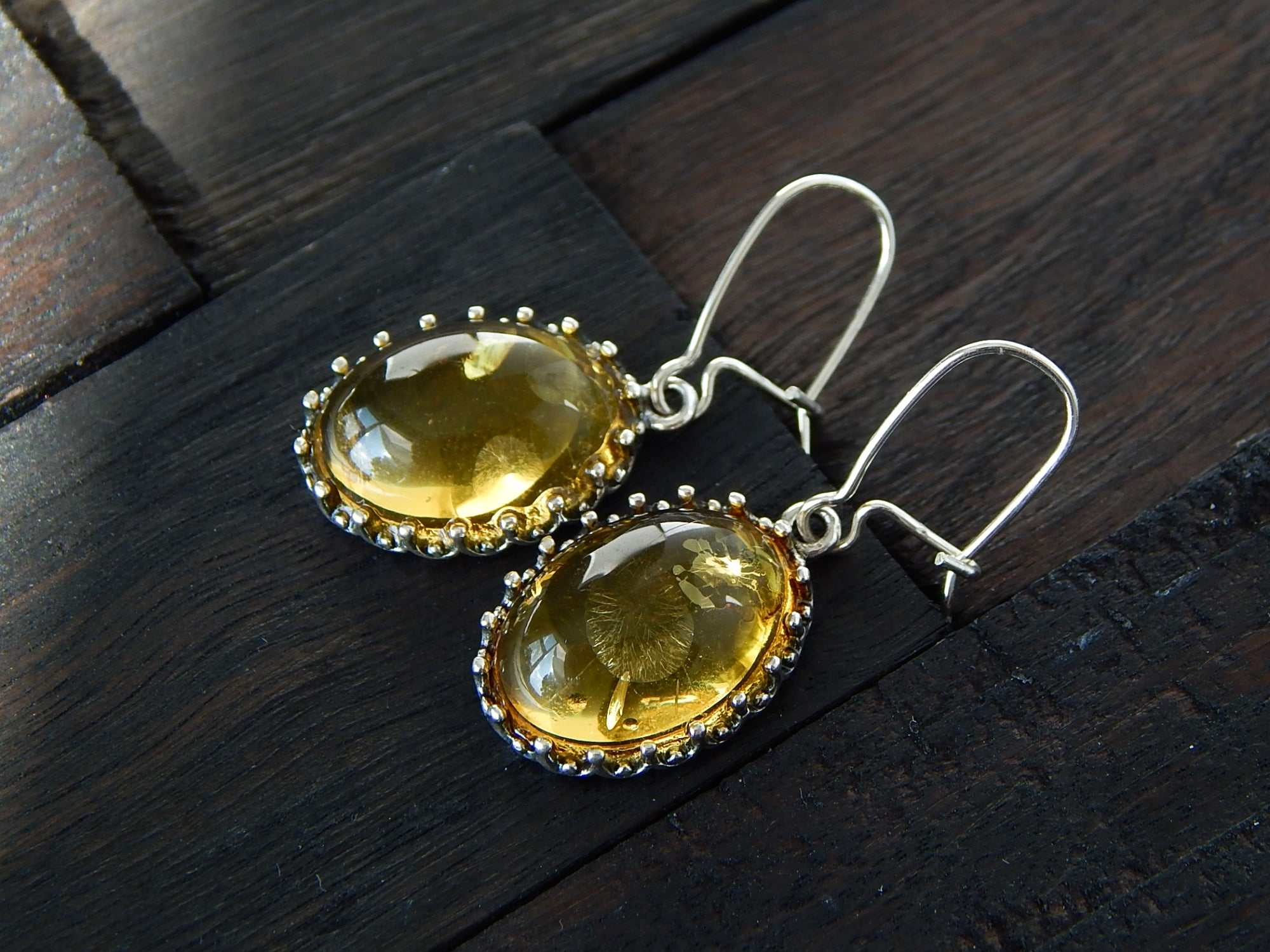 Natural Baltic Lemon Amber Victorian Oval Dangle Earrings