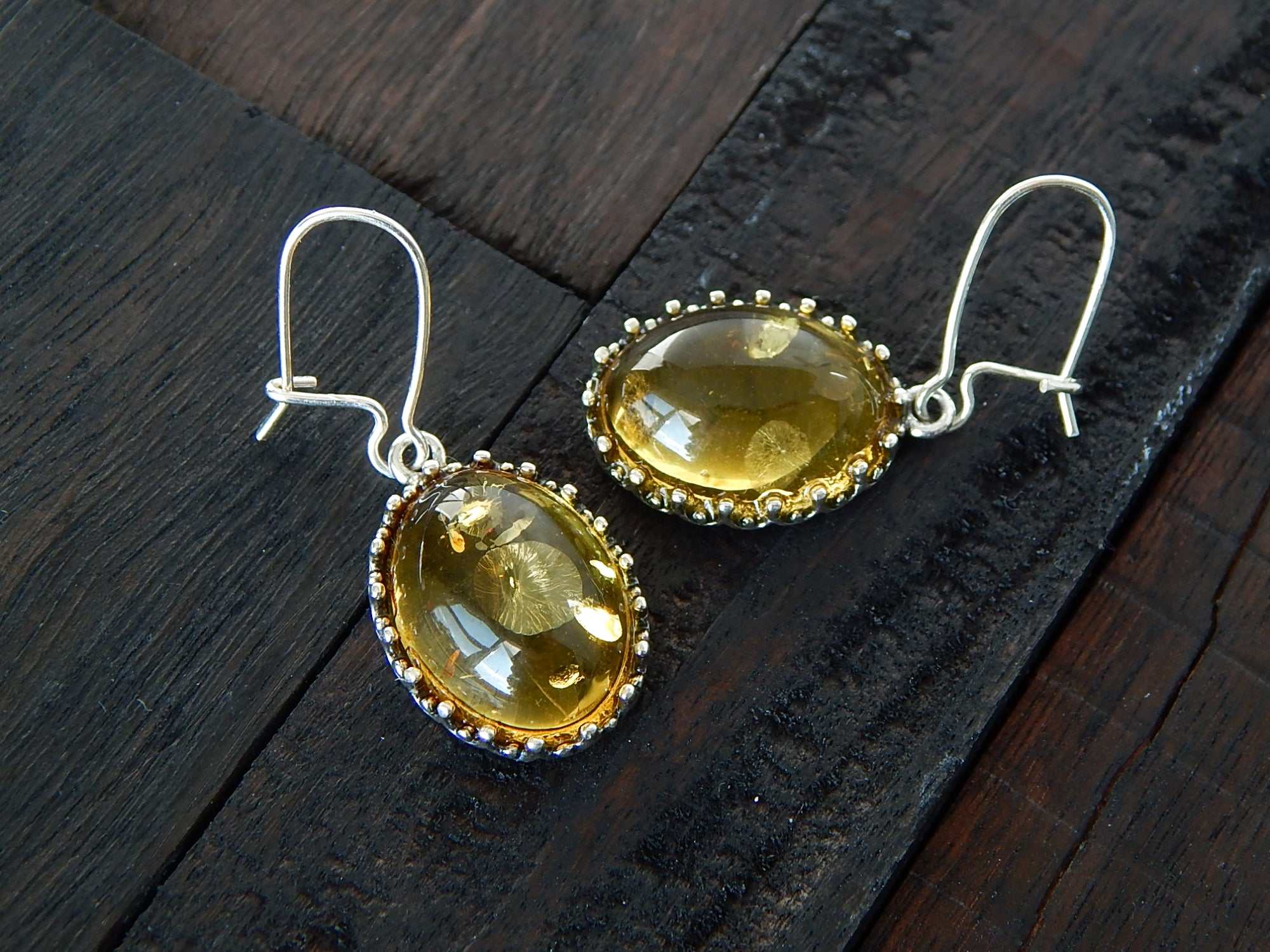 Natural Baltic Lemon Amber Victorian Oval Dangle Earrings