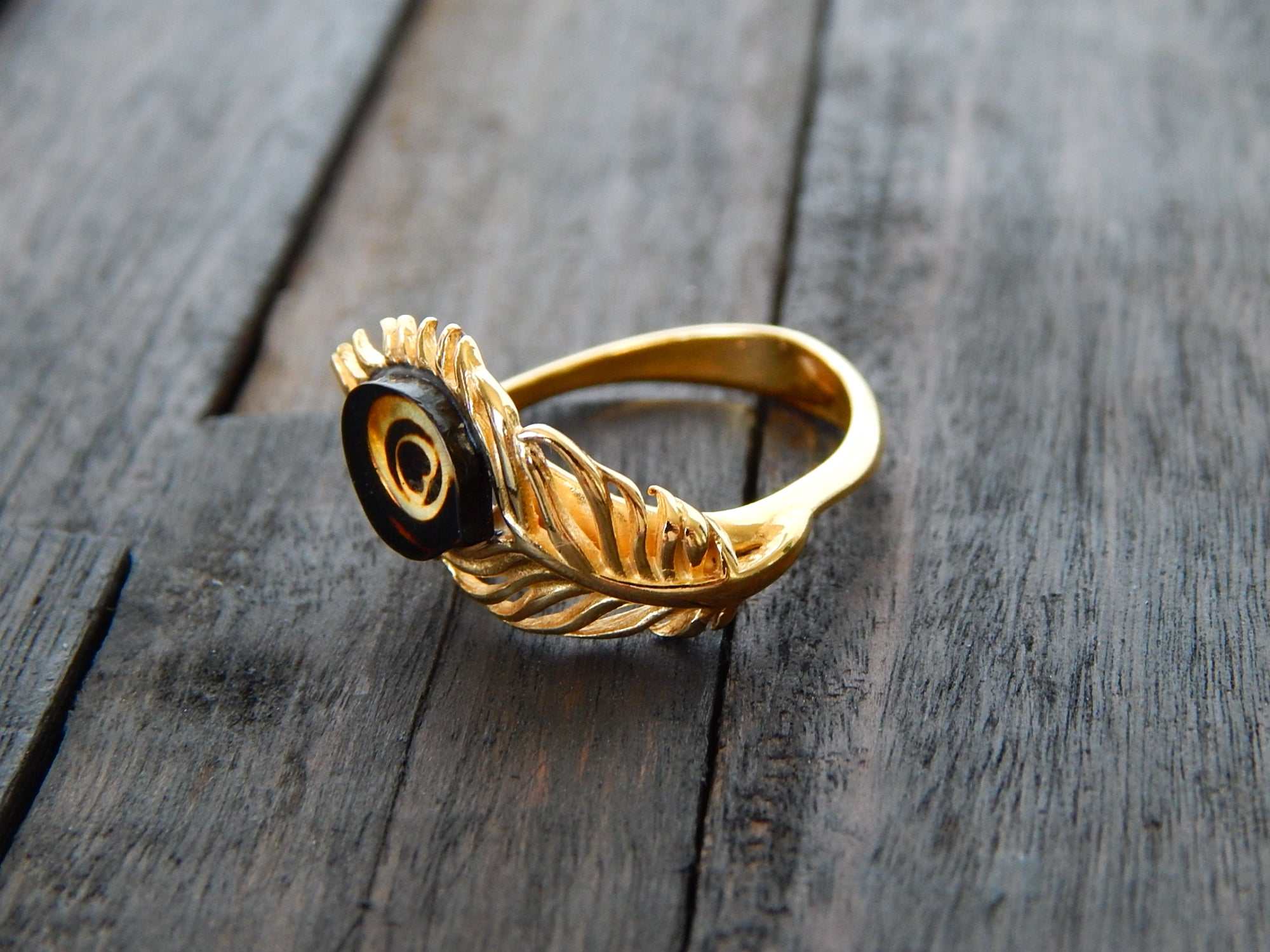 Natural Baltic Amber 14K Gold Plated Adjustable Peacock Ring