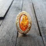 Natural Baltic Cognac Amber 14K Gold Plated Queens Adjustable Ring