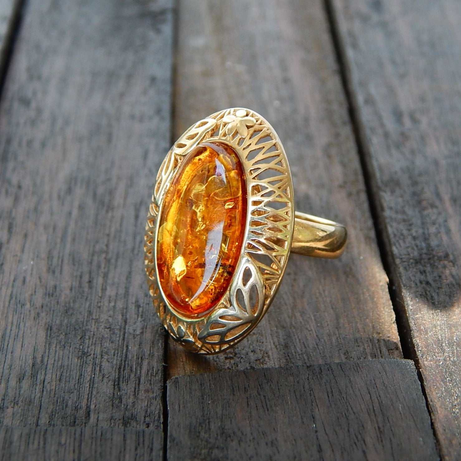 Natural Baltic Cognac Amber 14K Gold Plated Queens Adjustable Ring