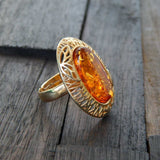 Natural Baltic Cognac Amber 14K Gold Plated Queens Adjustable Ring