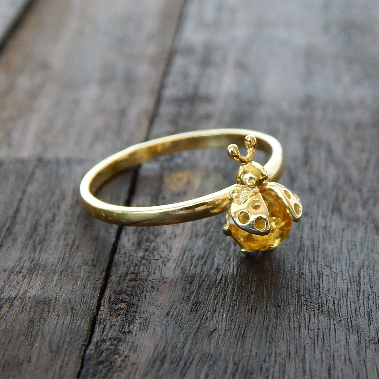 Natural Baltic Lemon Amber 14k Gold Plated Lady Bug Ring