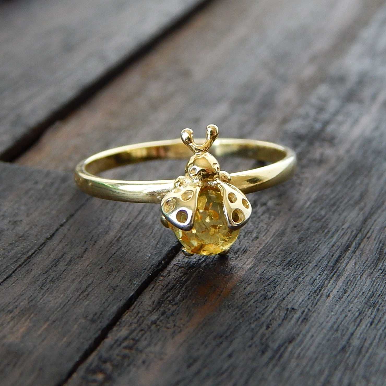 Natural Baltic Lemon Amber 14k Gold Plated Lady Bug Ring