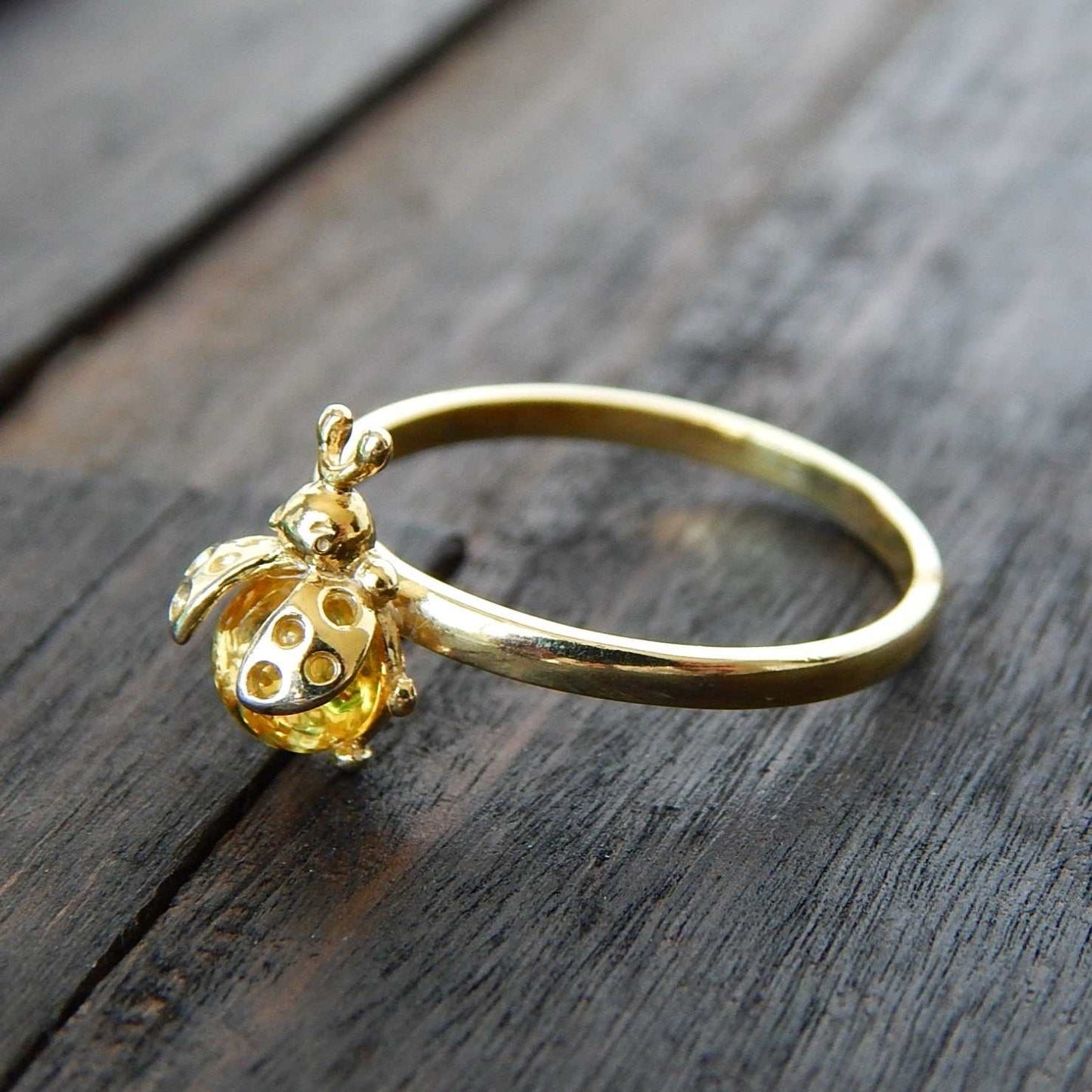 Natural Baltic Lemon Amber 14k Gold Plated Lady Bug Ring