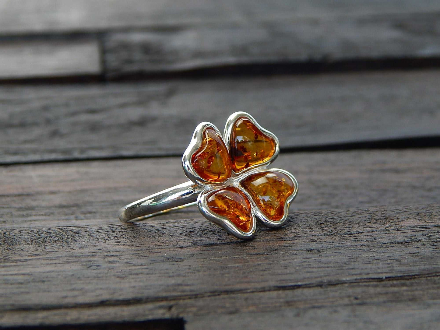 Natural Baltic Cognac Amber Four Leaf Clover Ring in 925 Sterling Silver