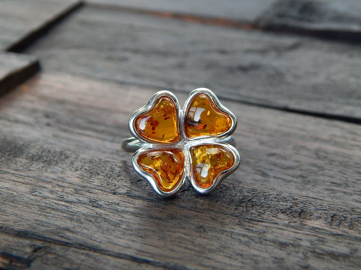 Natural Baltic Cognac Amber Four Leaf Clover Ring in 925 Sterling Silver