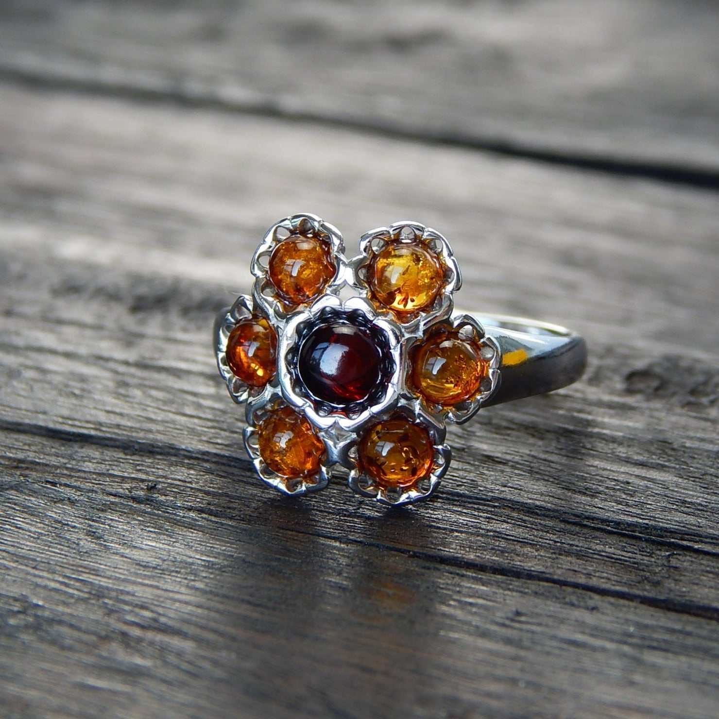 Natural Baltic Cognac and Cherry Amber Royal Flower Ring