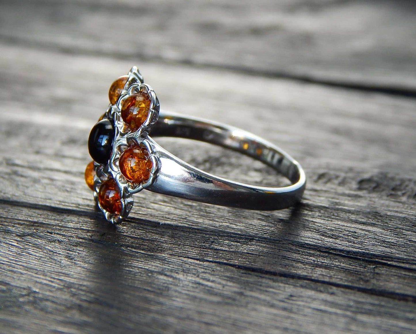 Natural Baltic Cognac and Cherry Amber Royal Flower Ring