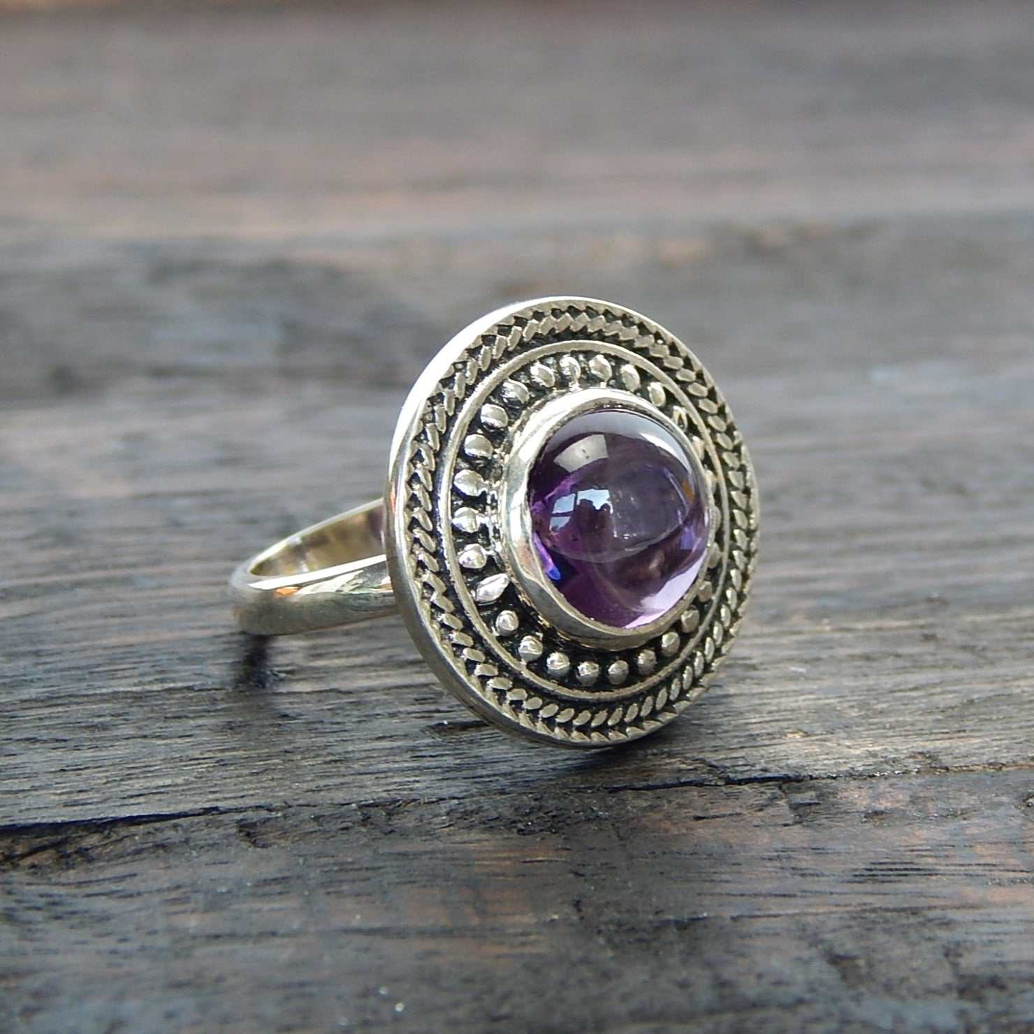 Genuine Amethyst Boho-Chic Ring in 925 Sterling Silver