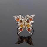 Natural Baltic Multicolor Amber Adjustable Butterfly Ring in 925 Sterling Silver