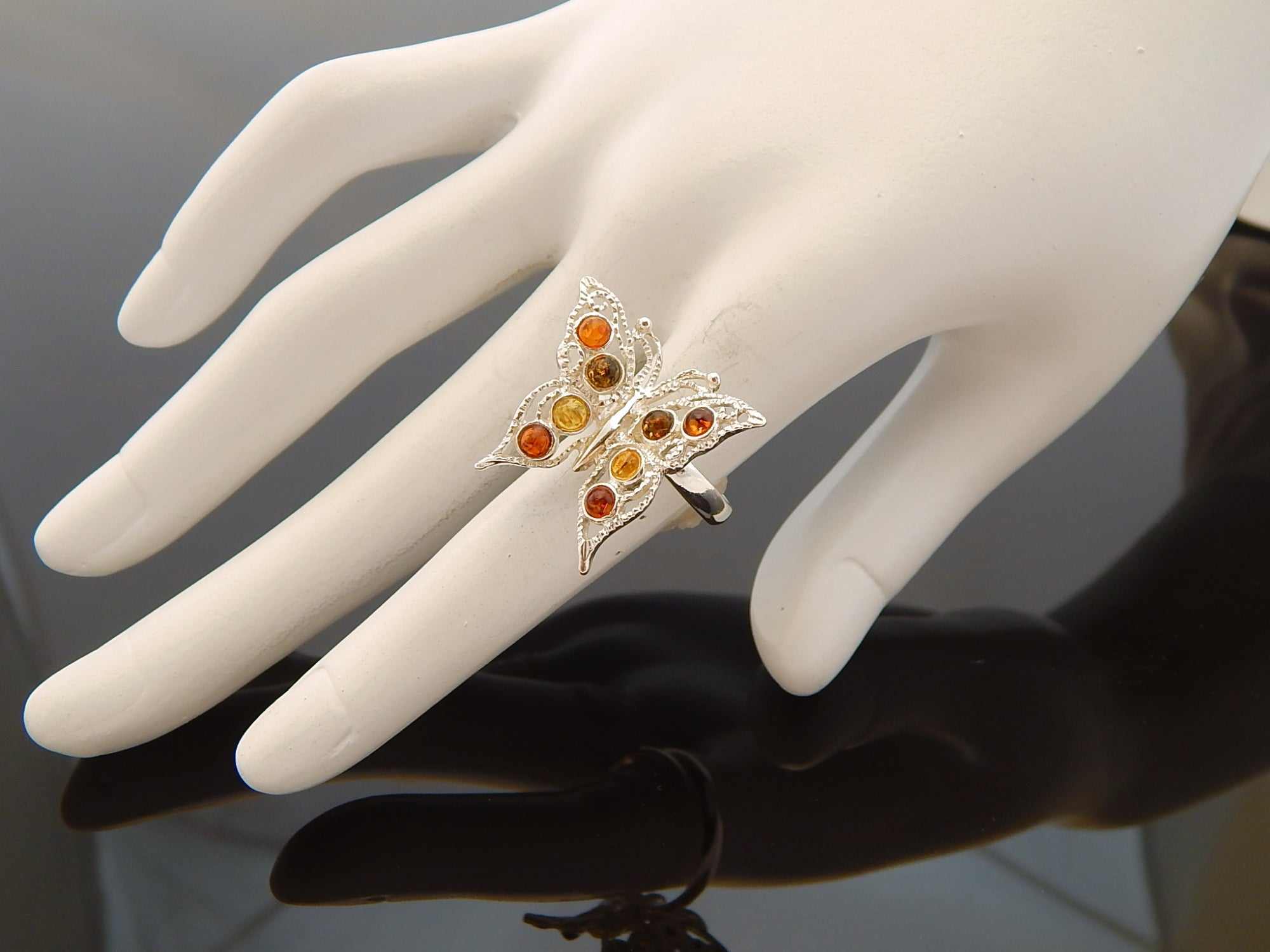 Natural Baltic Multicolor Amber Adjustable Butterfly Ring in 925 Sterling Silver