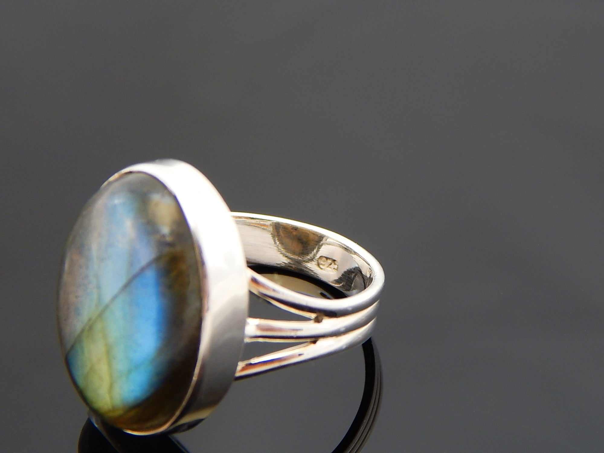 Genuine Labradorite Cabochon Cut Ring in 925 Sterling Silver