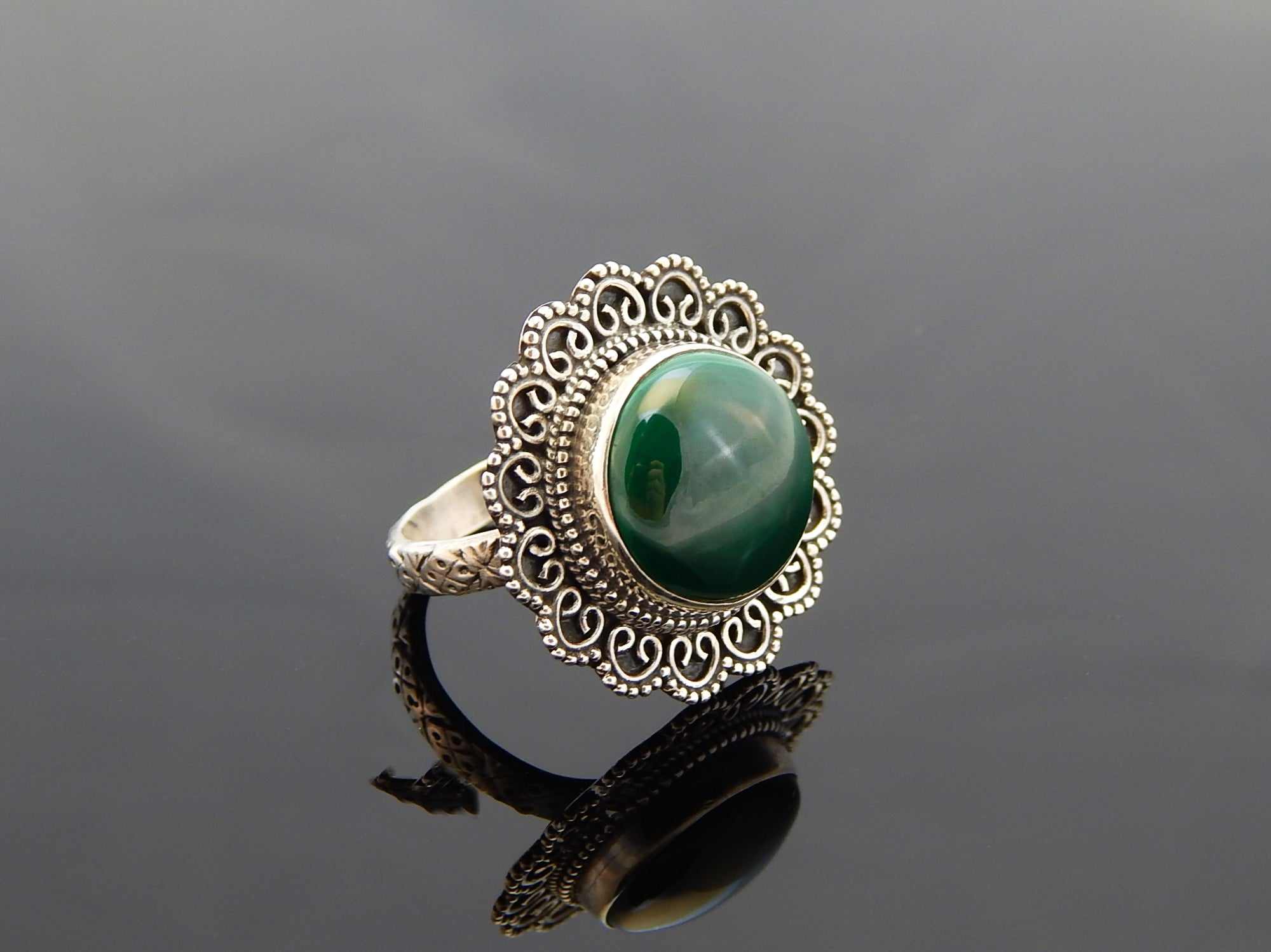 Genuine Green Onyx Boho Chic Ring in 925 Sterling Silver