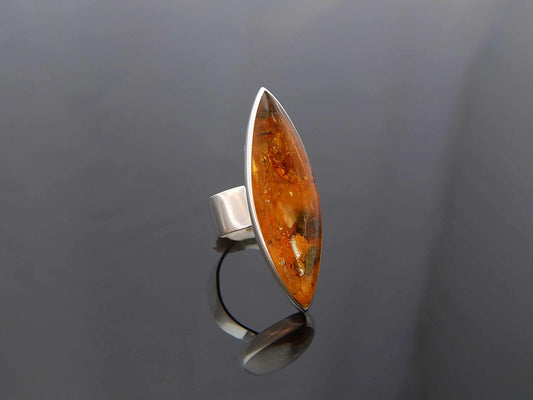 Natural Baltic Cognac Amber Minimalist Designer Statement Ring in 925 Sterling Silver